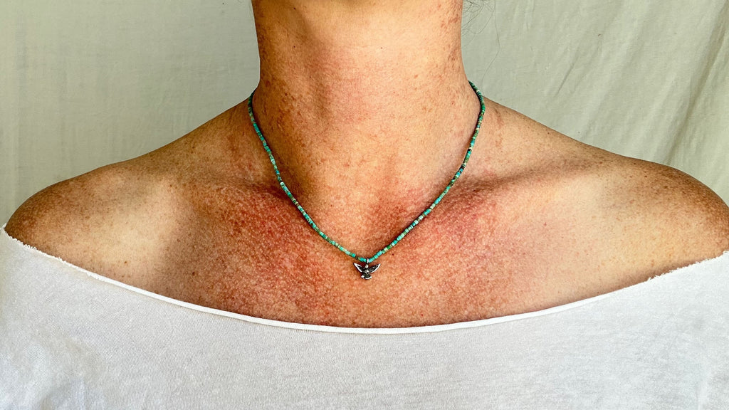 Turquoise Bird Necklace. Tiny Turquoise Heishi and Sterling Silver. 2369