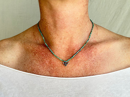 Turquoise Bird Necklace. Tiny Turquoise Heishi and Sterling Silver. 2369