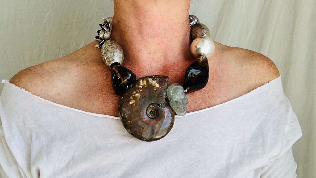 Ammonite, Fluorite and Lotus Necklace. Sterling Silver.