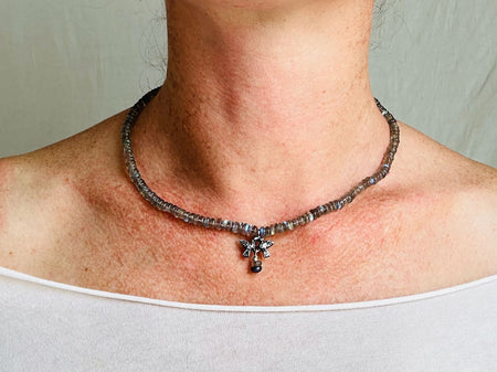 Labradorite Love Birds Necklace. Sterling Silver & Pearl.