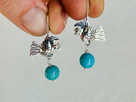 Turquoise & Bird Earrings. Handmade Sterling Silver Jewelry from Taxco.