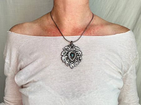 Vintage Peacock Turquoise Pendant Necklace. Heavy Sterling Silver Chain. India. 2225