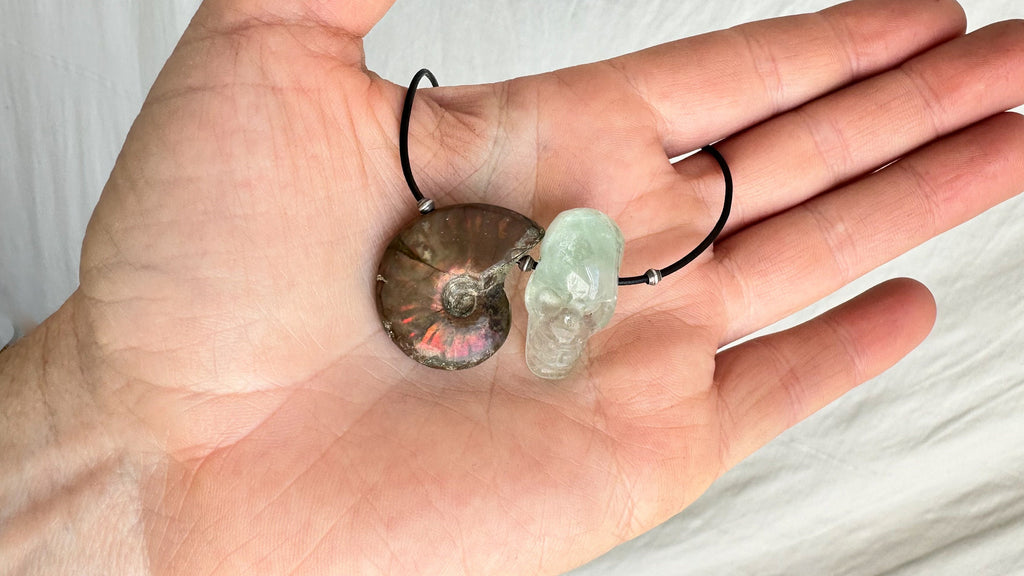 Ammonite and Fluorite Skull Necklace. Sterling Silver. Medicine Necklace. 2267