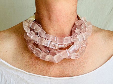 Multi-Strand Rose Quartz Necklace. Sterling Silver. Heart. 0657