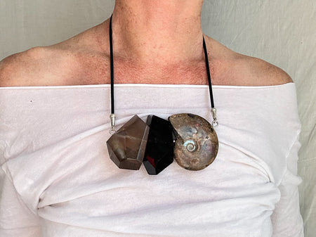 Ammonite and Smoky Quartz Necklace. Sterling Silver & Leather. 0625