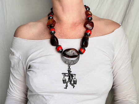 Vintage Oaxacan Coral and Amber Necklace. Mexico. Sterling Silver. 2638