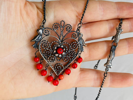 Heart Filigree Necklace. Mexico. Sterling Silver & Coral.