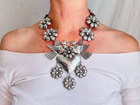 Heart & Flowers Silver Necklace. Taxco. Stunning! 0486