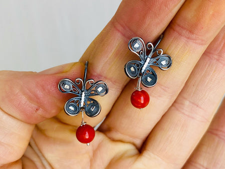Oaxacan Filigree Earrings. Coral & Silver. Butterflies. Mexico. Frida Kahlo. 0242