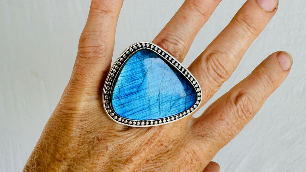 Oversized Labradorite Ring. Fantastic Quality. Gorgeous Blue. Adustable. 0713