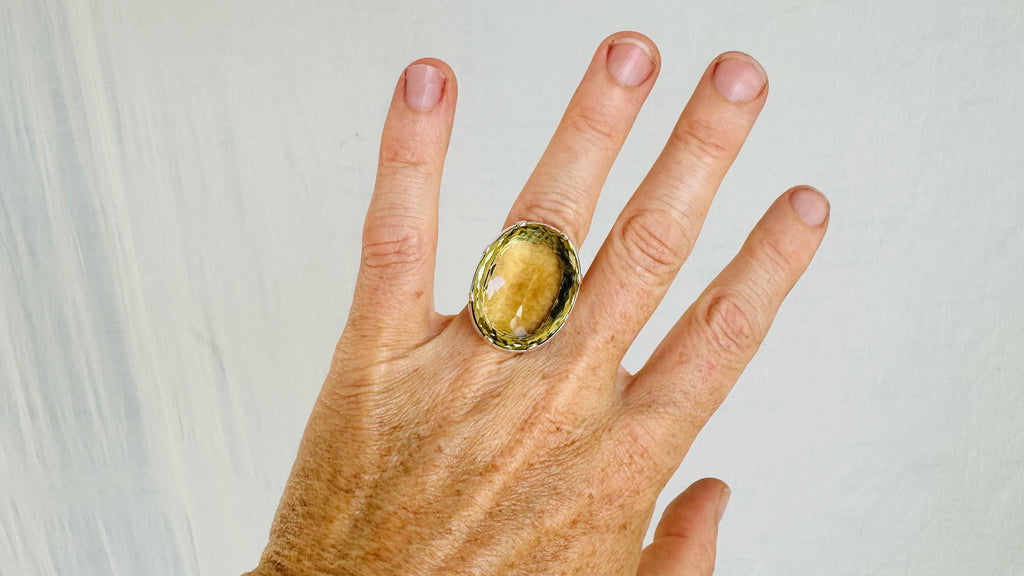 Oversized Faceted Lemon Topaz Cocktail Ring | Handmade Adjustable Sterling Silver | Unique Gemstone Jewelry. 4203