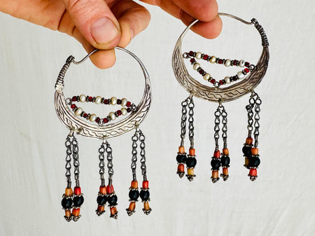 Vintage Uzbek Bukhara Silver Earrings with Old Coral and Pearls. 4333. Rare!