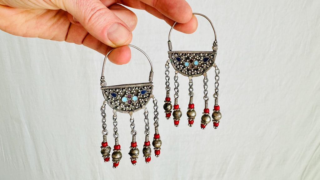 Vintage Uzbek Bukhara Earrings. Sterling Silver and Enamel. 0686