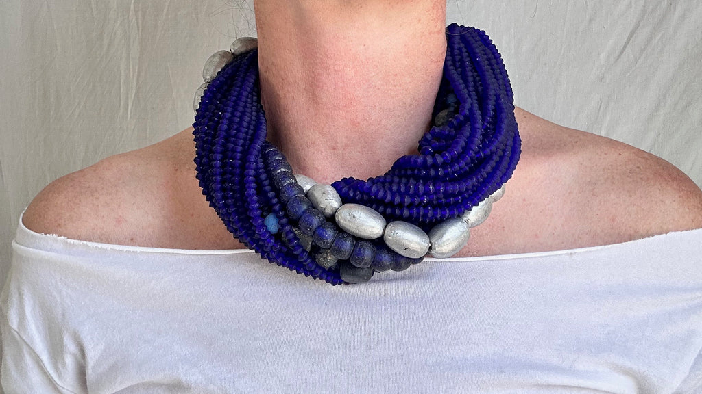 Multi-Strand Necklace. Blues and Silvers. African, Afghani and Nepali Beads. 628