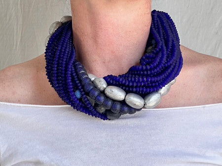 Multi-Strand Necklace. Blues and Silvers. African, Afghani and Nepali Beads. 628