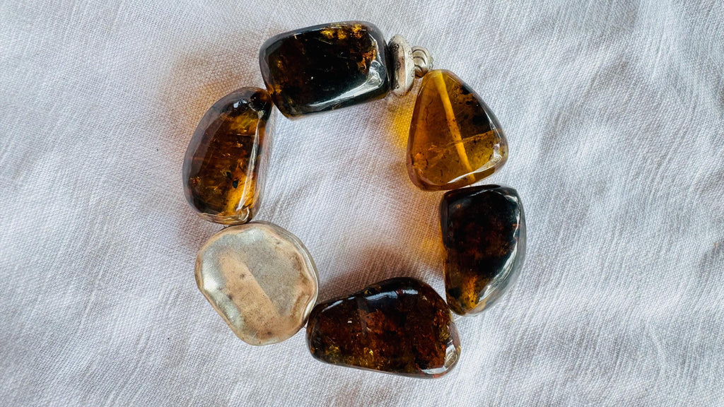 Natural Amber and Silver Beaded Bracelet. 925 Sterling. 4424
