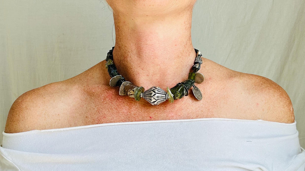 Ancient Roman Glass Necklace with Antique Silver. Handmade Designer Jewelry. 2572