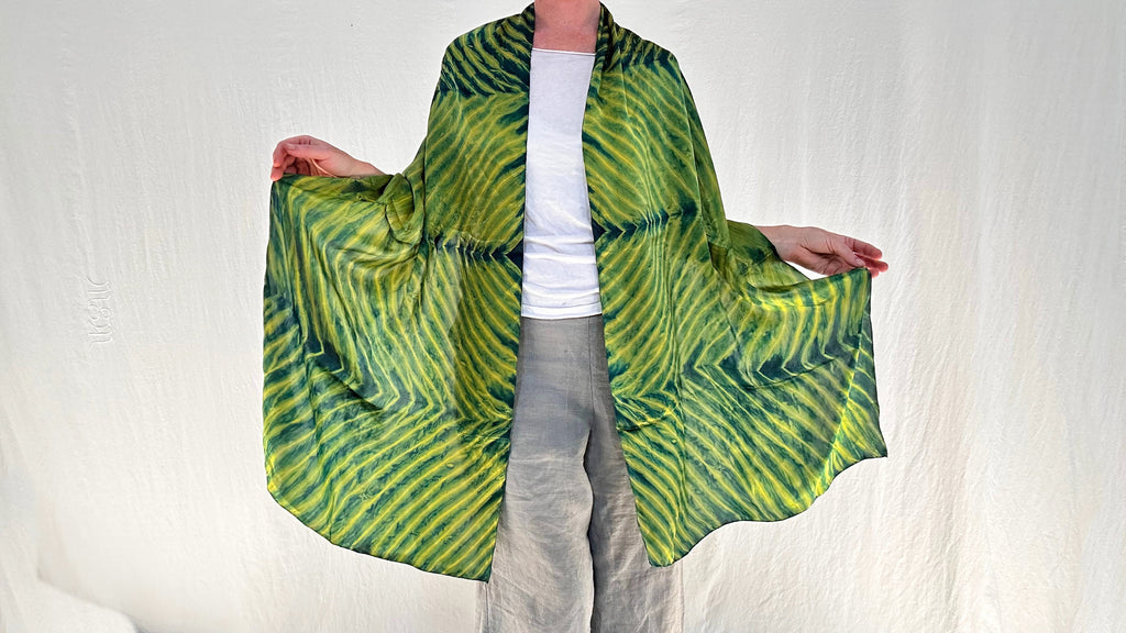 Green Shibori Silk Shawl, Wrap, Scarf. Clamp Dye. Gujarat, India.
