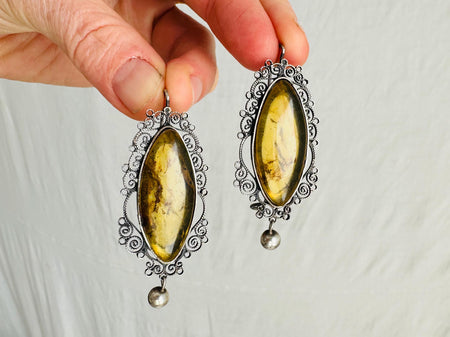 Oaxacan Filigree Earrings. Amber & Sterling Silver. Mexico. Frida Kahlo. 4113