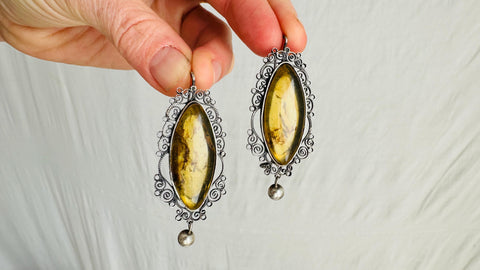 Oaxacan Filigree Earrings. Amber & Sterling Silver. Mexico. Frida Kahlo. 4113