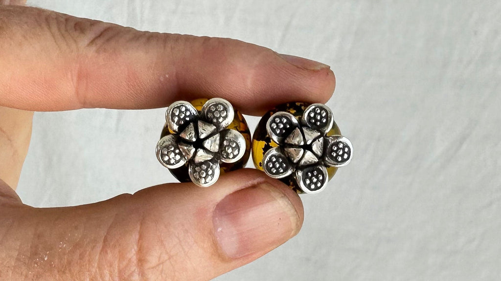 Large Amber Barbell Earrings. Double Sided. 2079