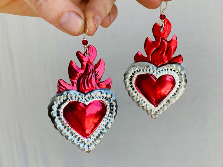 Hojalata Tin Mexican Heart Earrings. Silver Earwire.