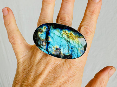 Faceted Labradorite Oversized Cocktail Ring | Adjustable Ring with Gorgeous Flash | Chunky Mystical Jewelry. 4014