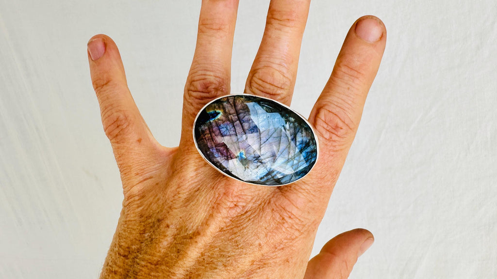 Faceted Labradorite Cocktail Ring. Adjustable Sterling Silver Jewelry. Gorgeous Flash. 4011