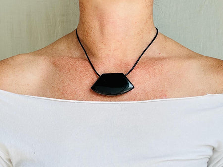 Obsidian Adze Pendant Necklace. Leather & Sterling Silver. 2552