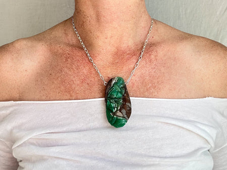 Carved Chrysoprase Butterfly Pendant Necklace. Sterling Silver. 2258