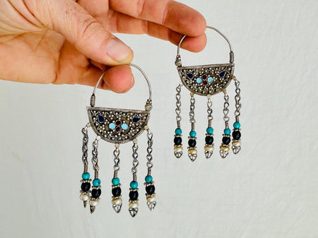 Vintage Uzbek Bukhara Earrings. Silver & Pearl. Long Dangles. 0495