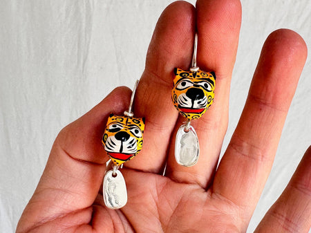 Carved Jaguar and Sterling Silver Earrings. Mexico. 1149