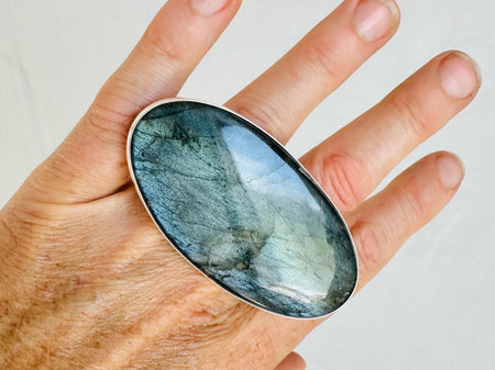 Gray Labradorite Cocktail Ring. Two Finger, Adjustable Sizing Ring. Handmade Sterling Silver. Gorgeous Flash. .