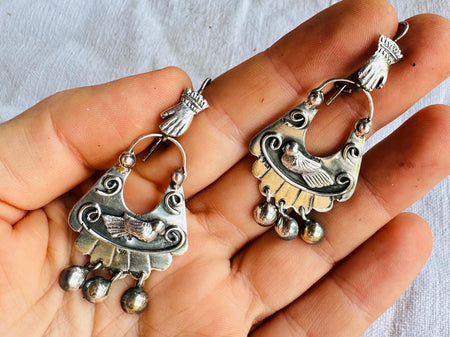Mazahua Love Bird Earrings. Sterling Silver. Oaxaca, Mexico. Frida Kahlo. BI1
