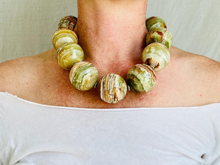 Banded Onyx Beaded Necklace. Huge Spheres.