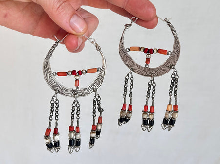 Vintage Uzbek Hoop Earrings. Bukhari Silver and Coral Earrings. 1146
