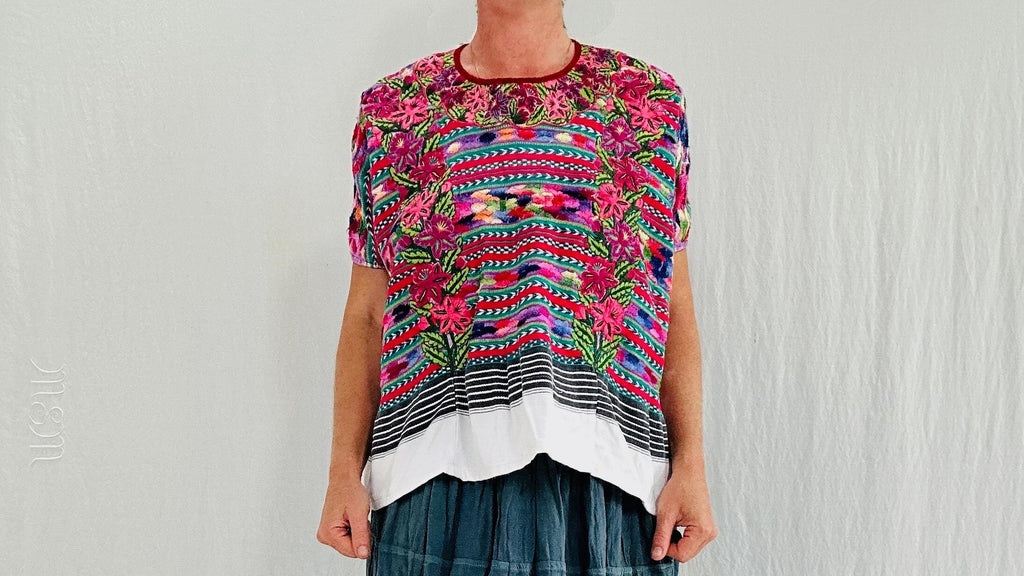 Vintage Totonicapan Huipil. Hand-Woven & Embroidered. Ikat.