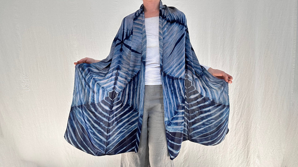 Indigo Shibori Silk Shawl, Wrap, Scarf. Clamp Dye. Gujarat, India.