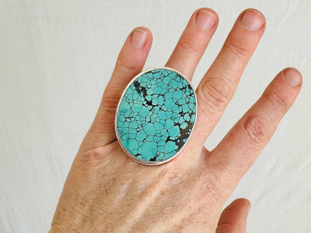 Huge Turquoise and Silver Cocktail Ring. Adjustable Size Sterling Silver Jewelry. 4152