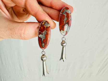 Red Jasper Earrings with Squash Blossoms. Sterling Silver. 2708