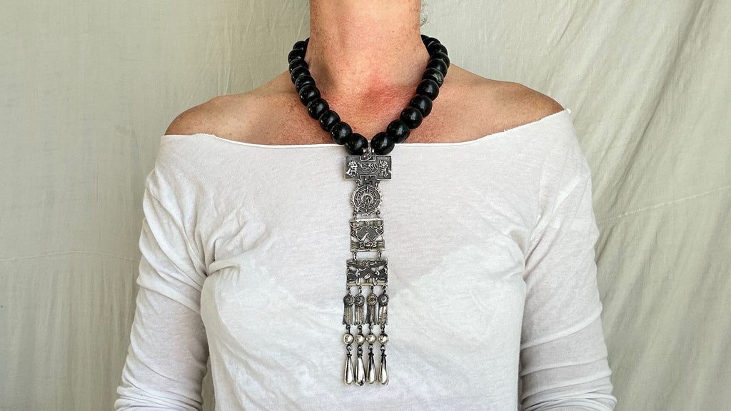 Monte Alban Pendant on Black Jade Necklace. Sterling Silver. Mexico.