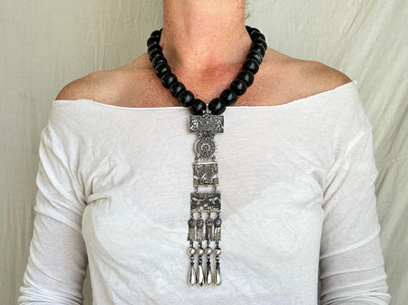 Monte Alban Pendant on Black Jade Necklace. Sterling Silver. Mexico.