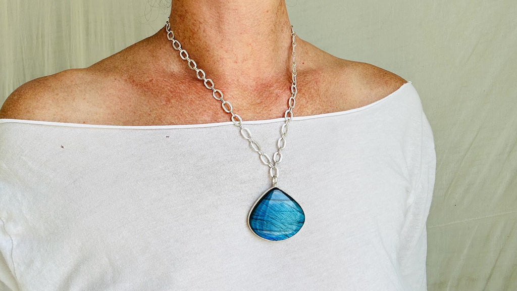 Blue Labradorite Pendant Necklace on a Handmade Sterling Silver Chain. 2725