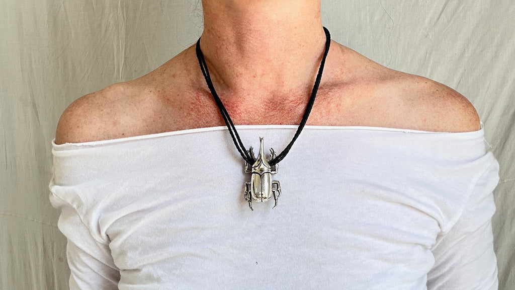 Beetle Pendant Necklace. Leather & Sterling Silver.