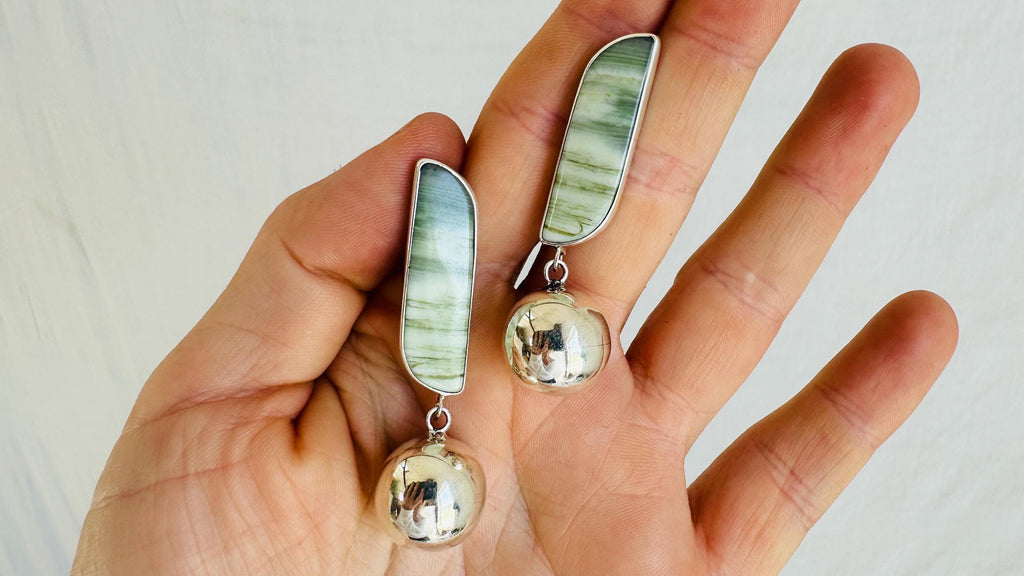 Serpentine and Silver Sphere Earrings. Handmade Designer Sterling Jewelry. 2420