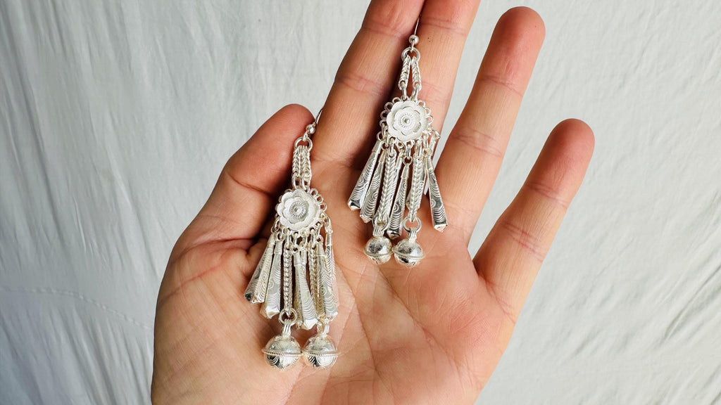Silver Hmong Dangle Earrings with Bells. Sterling Silver Handmade in Thailand. 0115