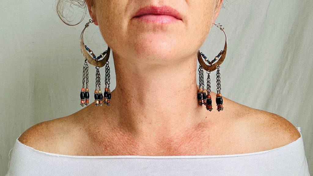 Vintage Uzbek Hoop Earrings. Bukhara Silver and Coral Earrings. 2626