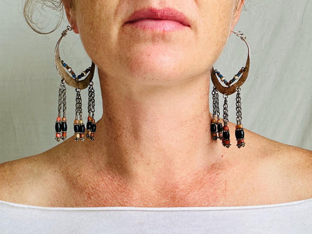 Vintage Uzbek Hoop Earrings. Bukhara Silver and Coral Earrings. 2626