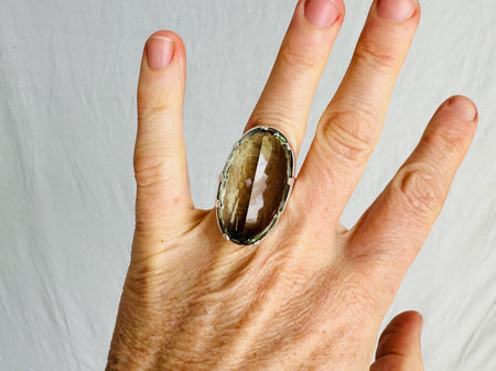 Oversized Faceted Prasiolite Cocktail Ring | Handmade Adjustable Sterling Silver | Unique Gemstone Jewelry. 4021