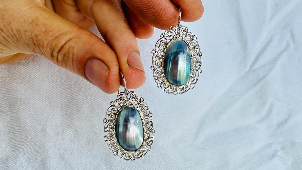 Oaxaca Filigree Earrings. Sterling Silver & Pearl. Mexico. Frida Kahlo. 2819